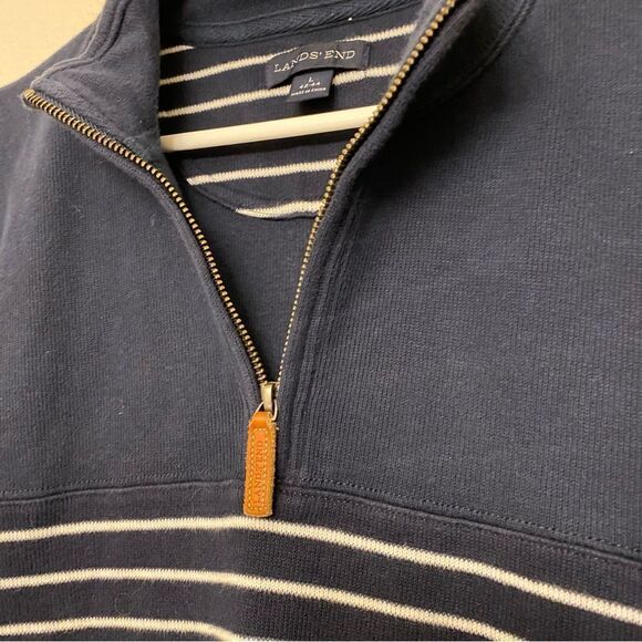 Lands' End Men's navy blue striped Rib Quarter Zip cotton Sweater preppy L - Picture 3 of 9
